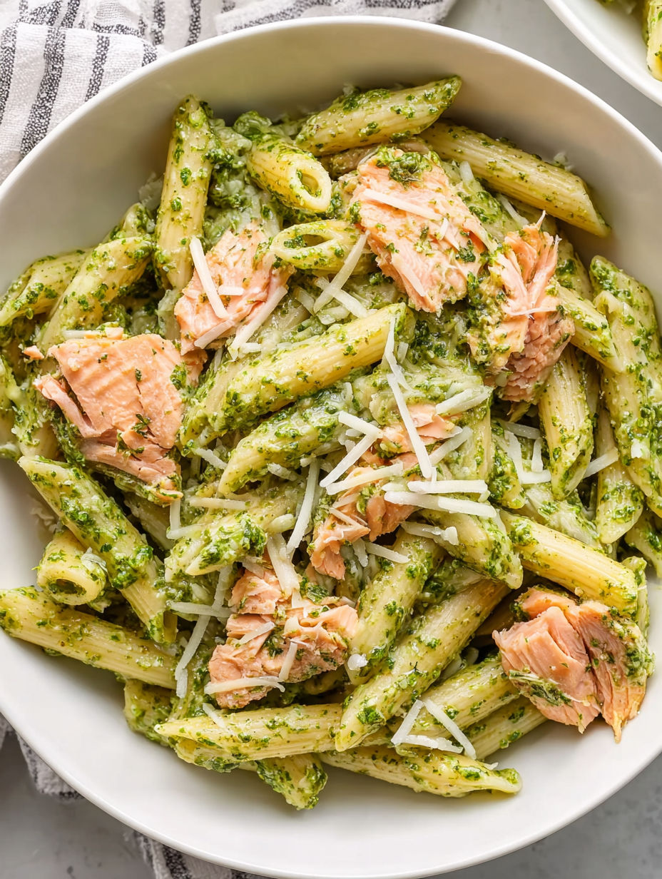 A bowl of pasta with chicken and pesto.