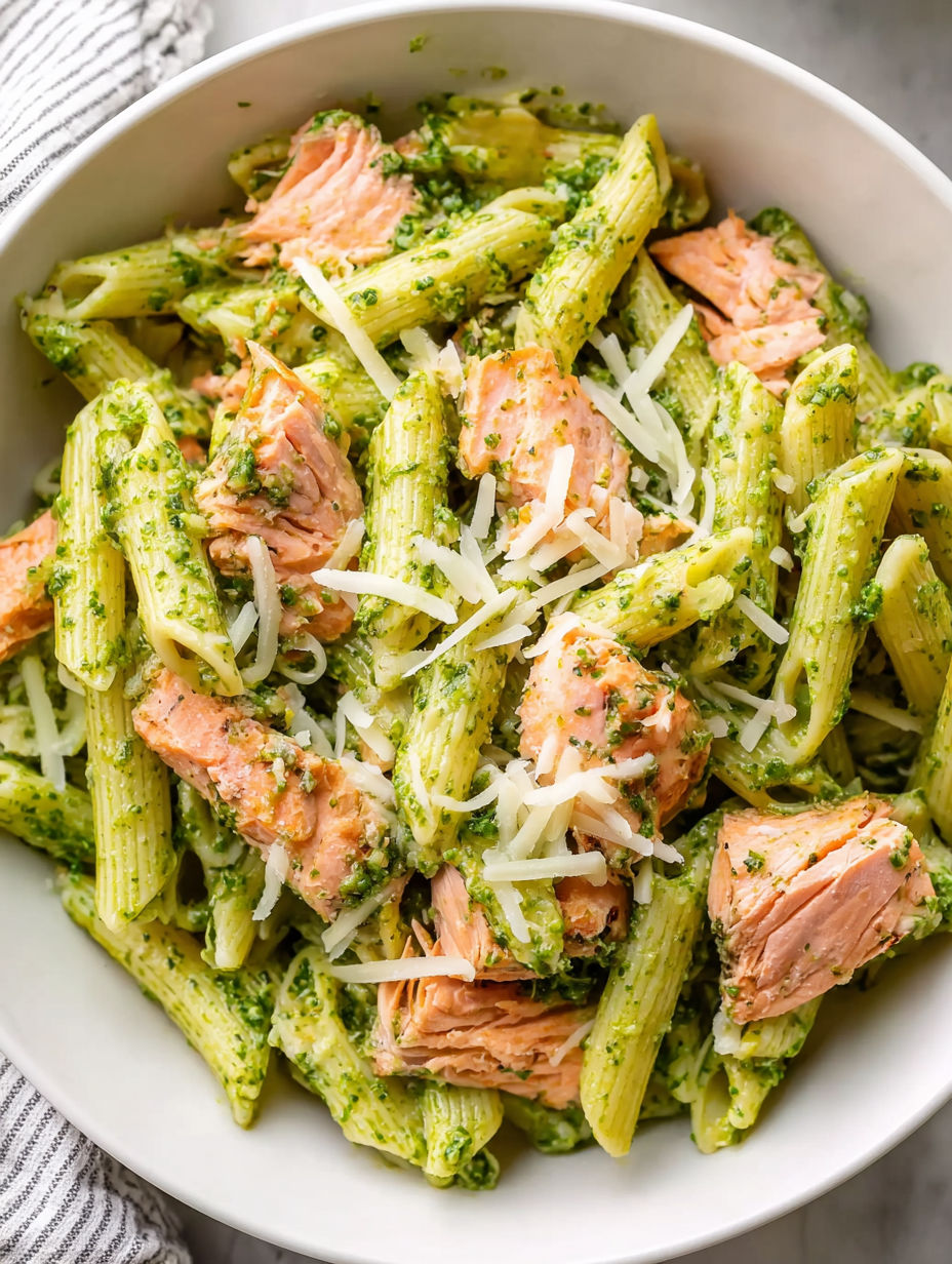 A bowl of pasta with chicken and pesto.