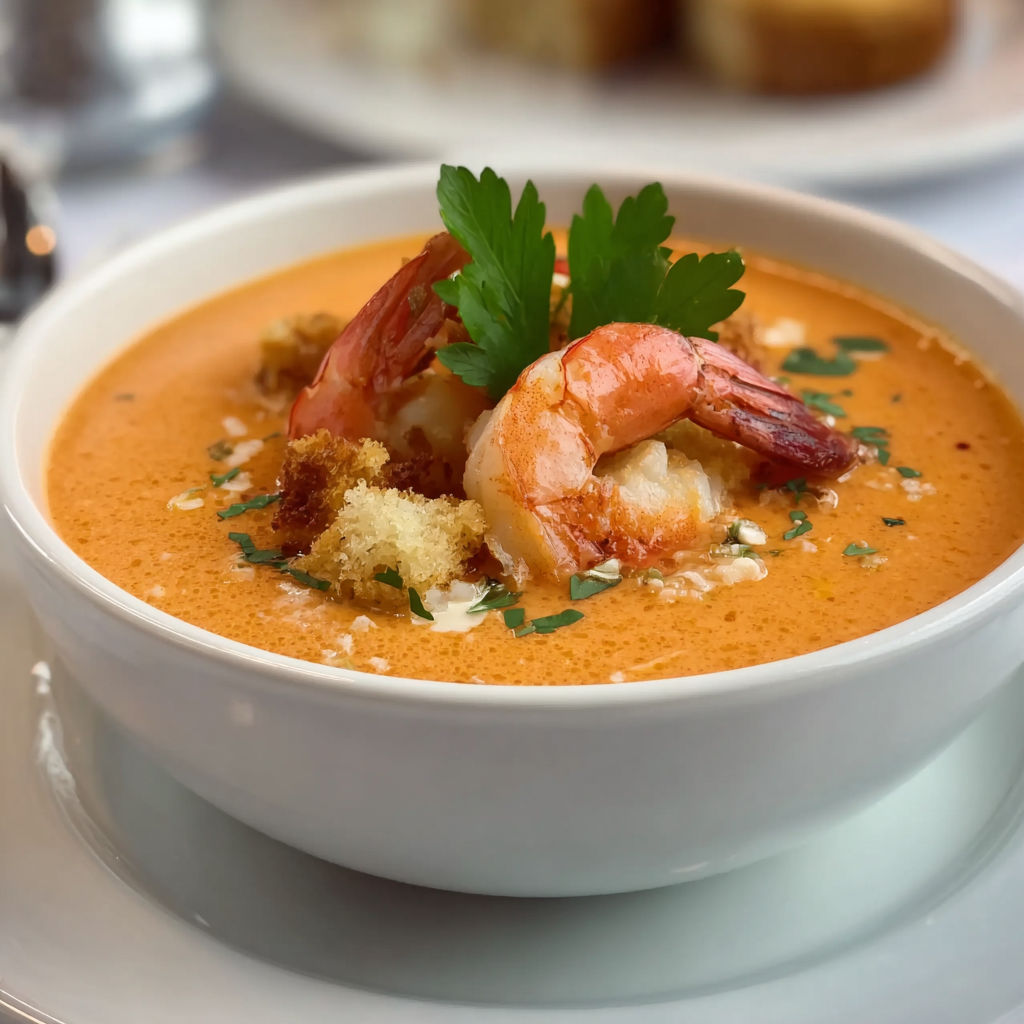 A bowl of seafood soup with shrimp and crab.