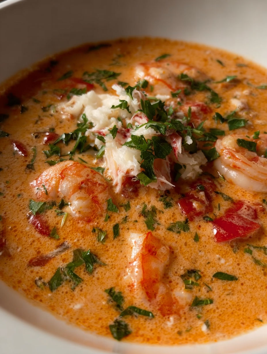 A bowl of seafood bisque with crab and shrimp.
