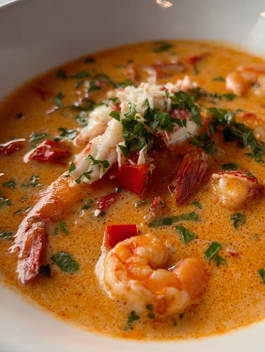 A bowl of shrimp and crab bisque.