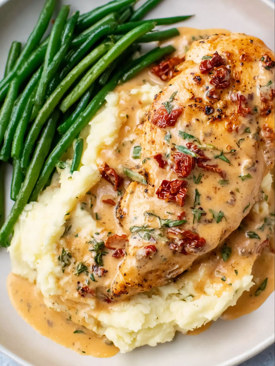 A piece of chicken in a tomato sauce.