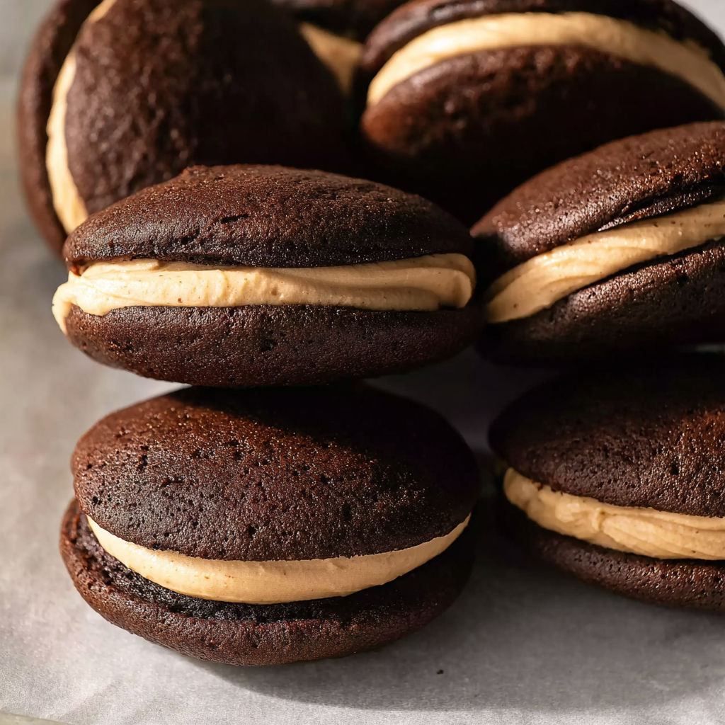 A stack of chocolate peanut butter whoopie pies.