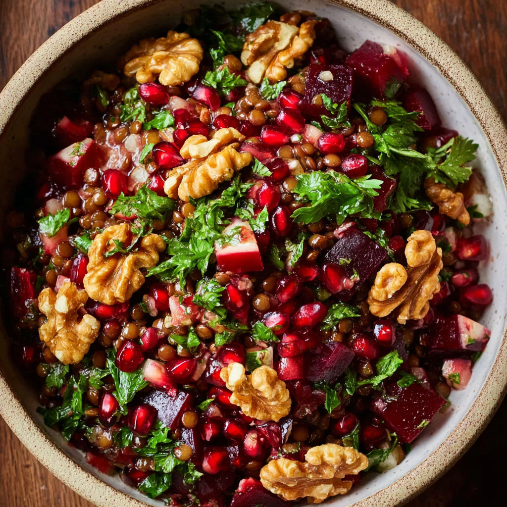 A bowl of food containing red beets, walnuts, and other ingredients.