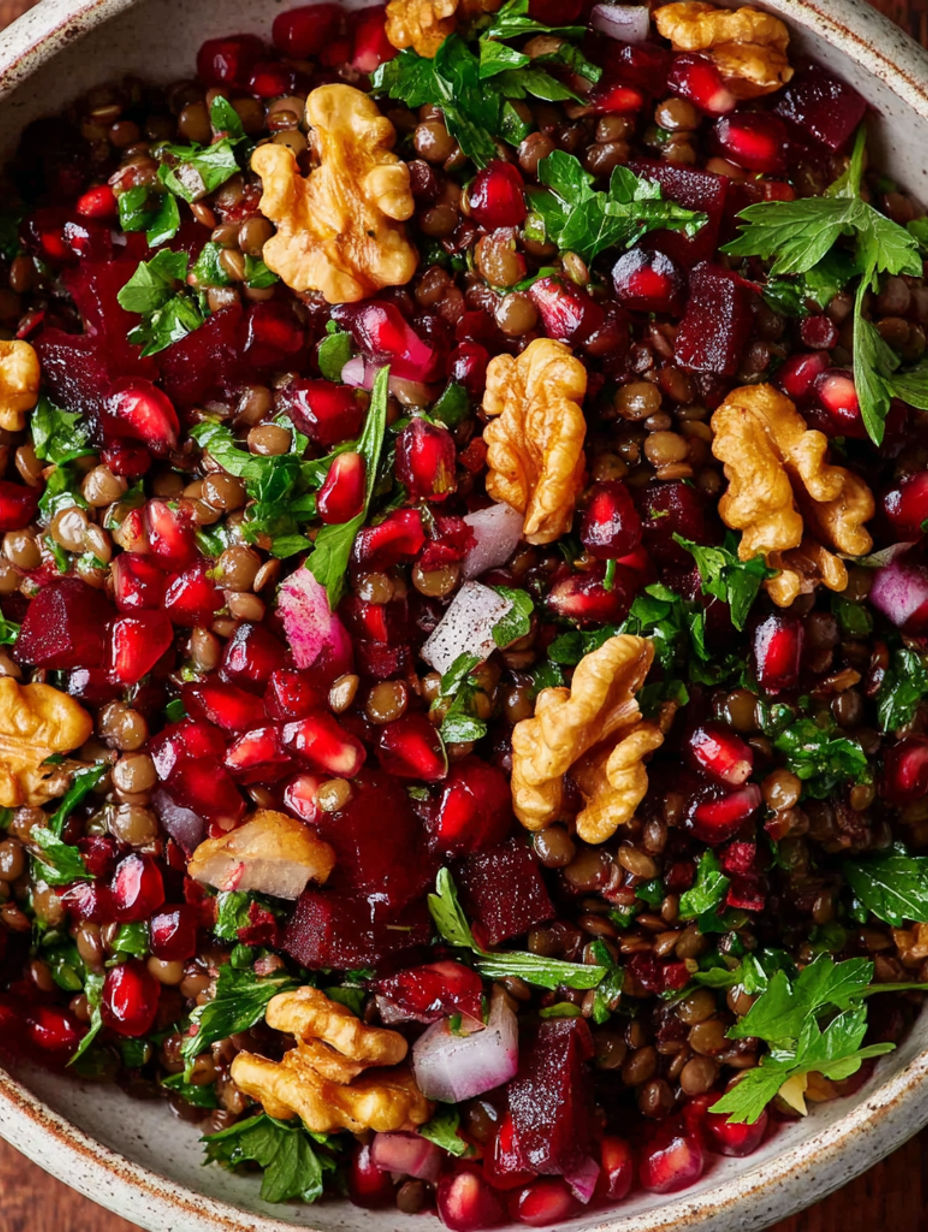 A bowl of food with red beets, walnuts, and other ingredients.