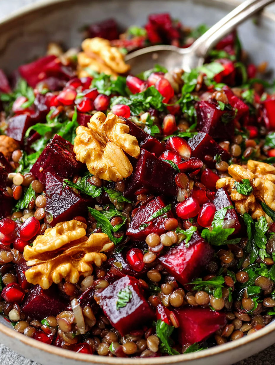 A bowl of red beets with walnuts.