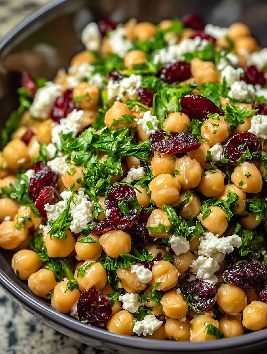 A bowl of feta and cranberry kichererbsen salad with zitronen-vinaigrette.