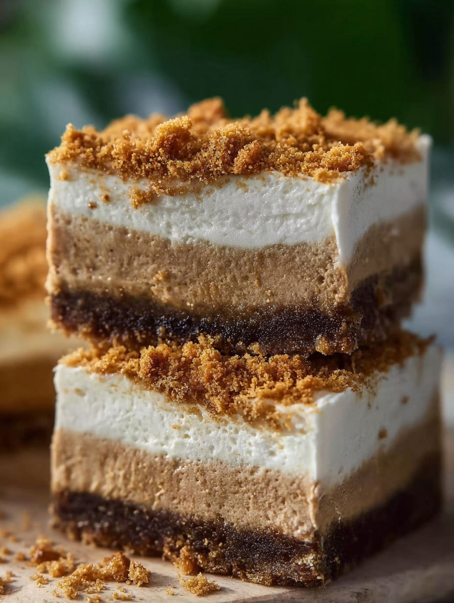 A slice of cake with a brown and white topping.