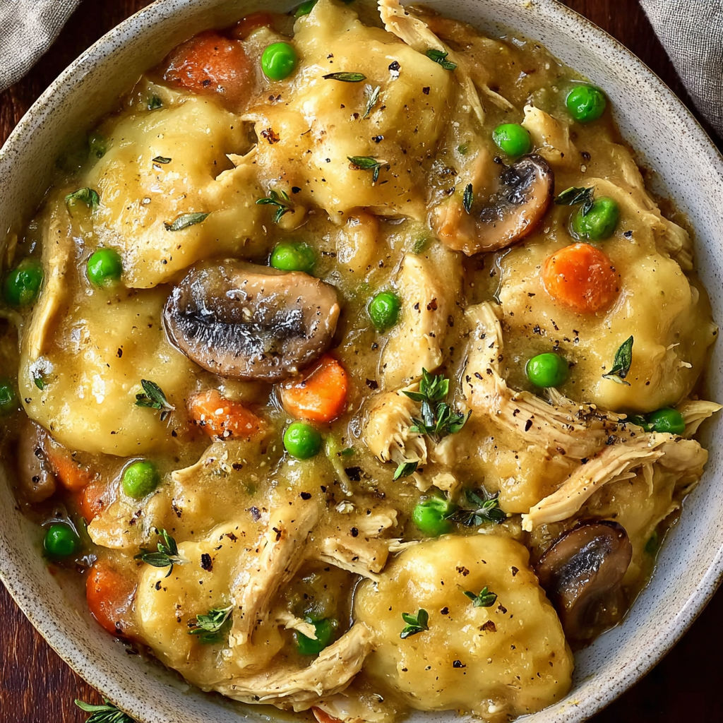 A bowl of food with chicken, mushrooms, peas, and carrots.