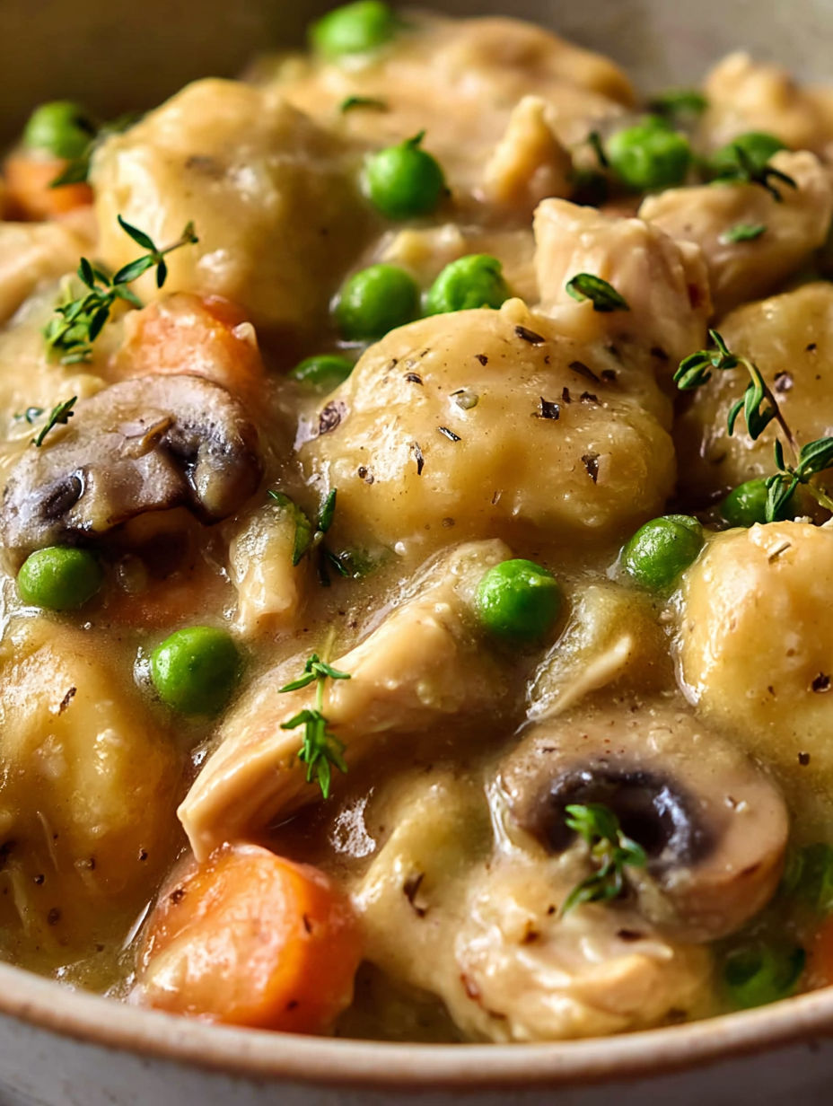 A close up of a dish with chicken, peas, and mushrooms.