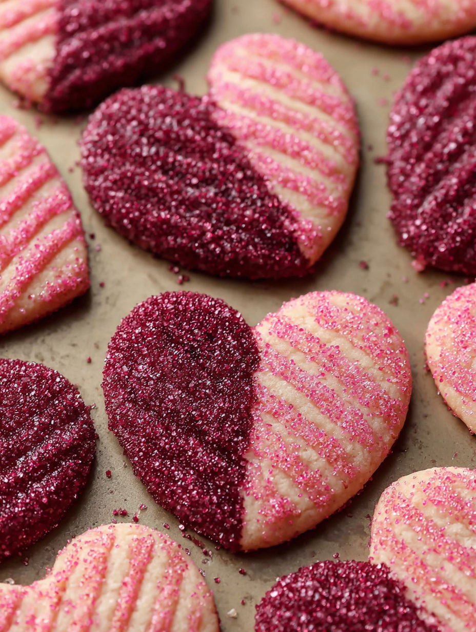 Pink and red sugar cookies with hearts on them.