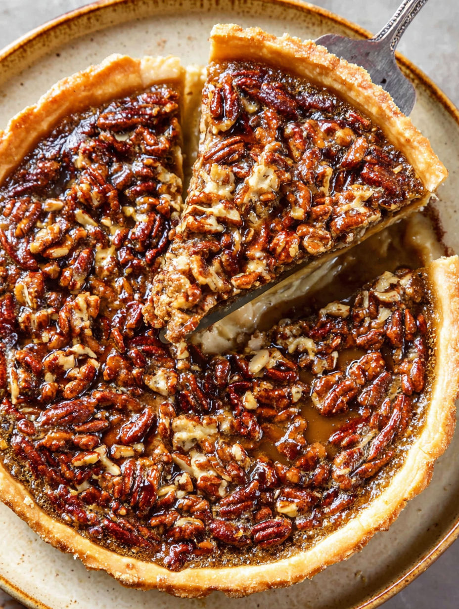 A slice of pecan pie with a fork in it.