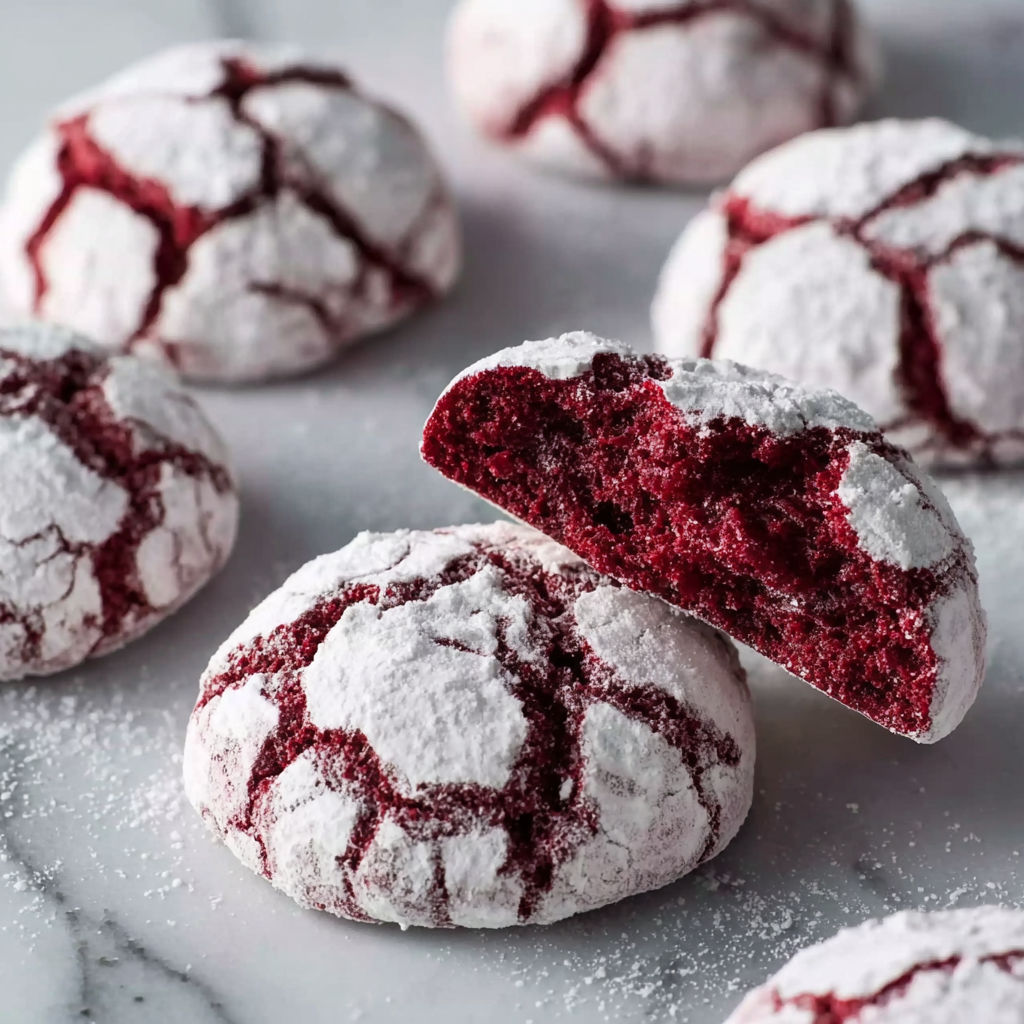 Red velvet crinkle cookies with white frosting.