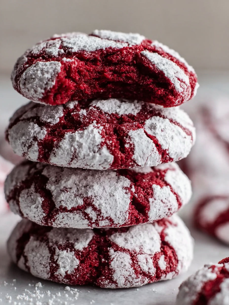 Red velvet crinkle cookies stacked on top of each other.