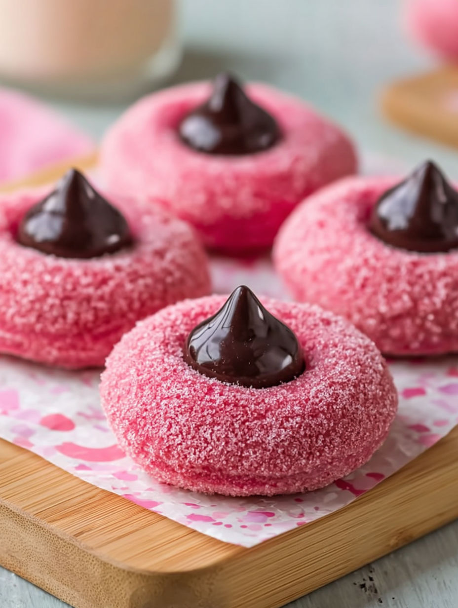 Three pink cookies with chocolate drizzles.