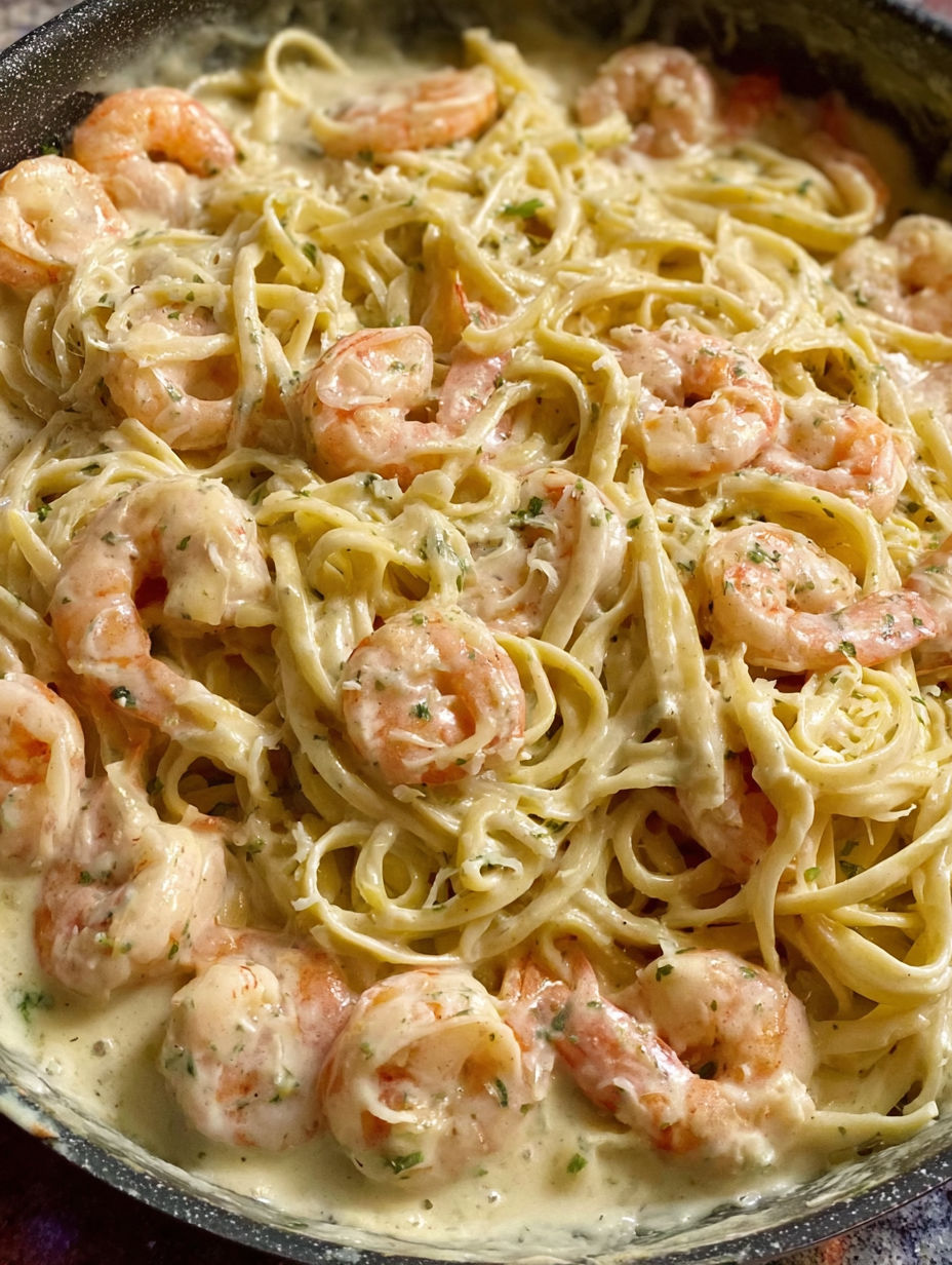 A bowl of shrimp and pasta with Alfredo sauce.