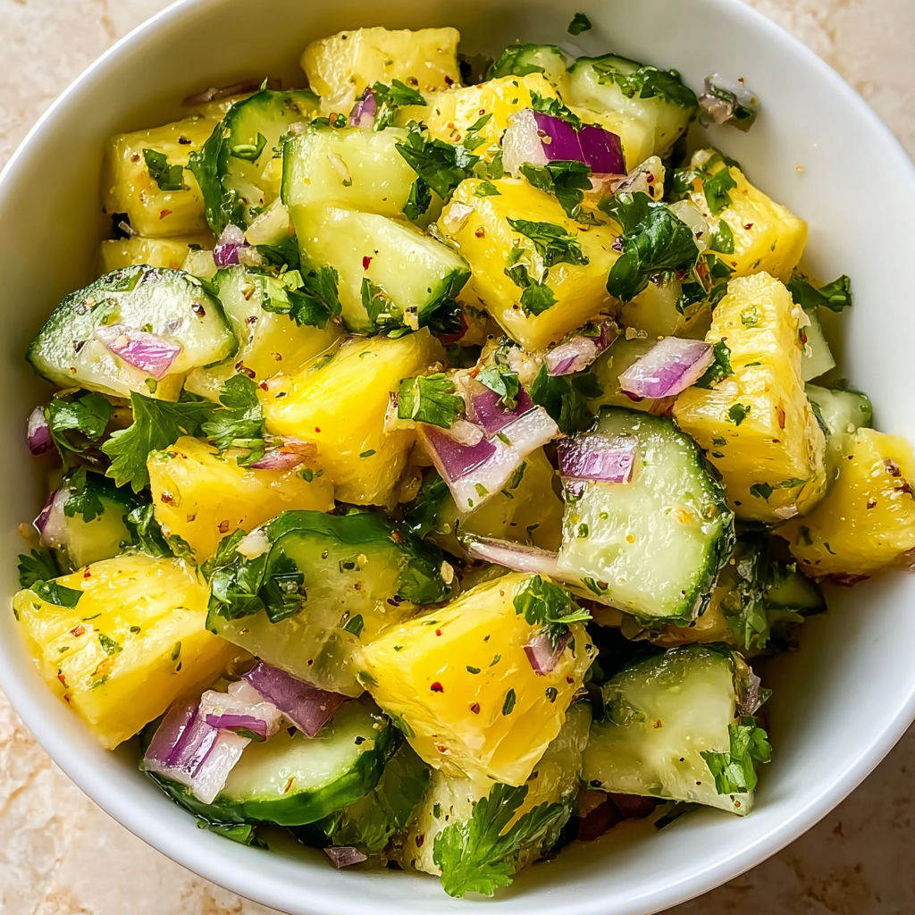 A bowl of fruit salad with pineapple, cucumbers, and onions.