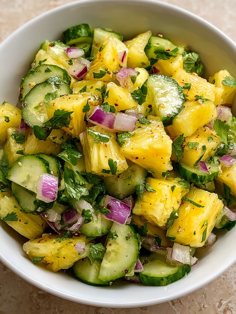 A bowl of sliced pineapple and cucumbers.