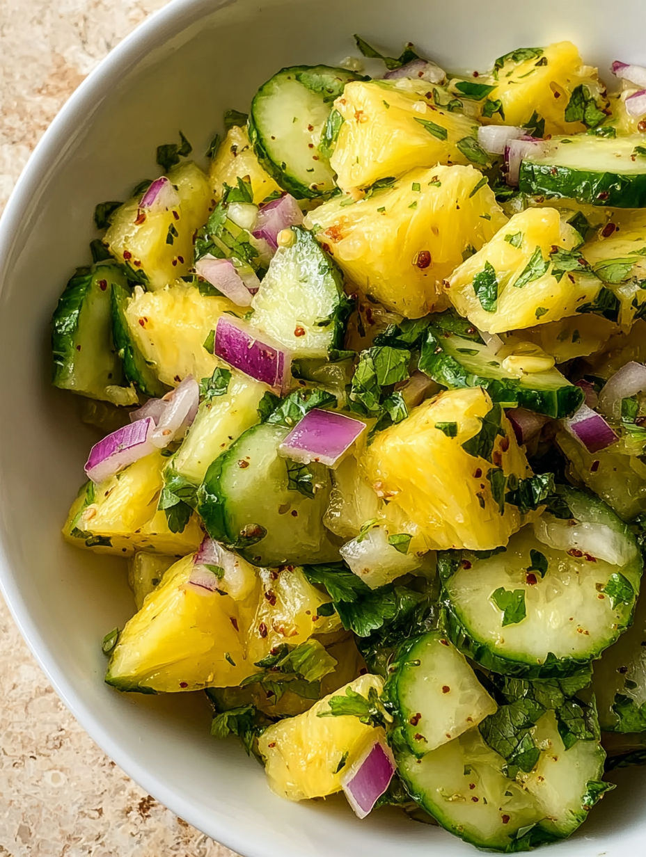 A bowl of sliced pineapple and cucumbers.