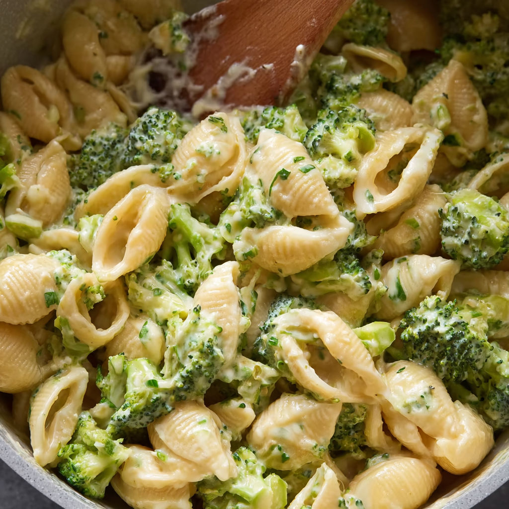 A bowl of macaroni and cheese with broccoli.