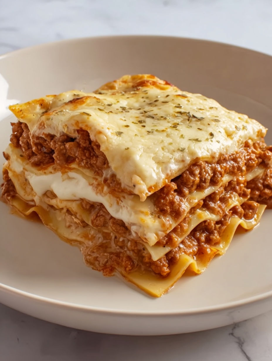 A stack of lasagna on a plate.