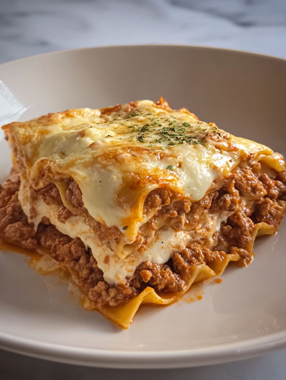A white plate with a slice of lasagna on it.