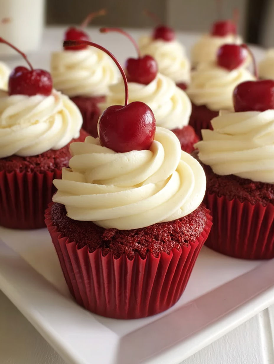 Red velvet cupcakes with white frosting.