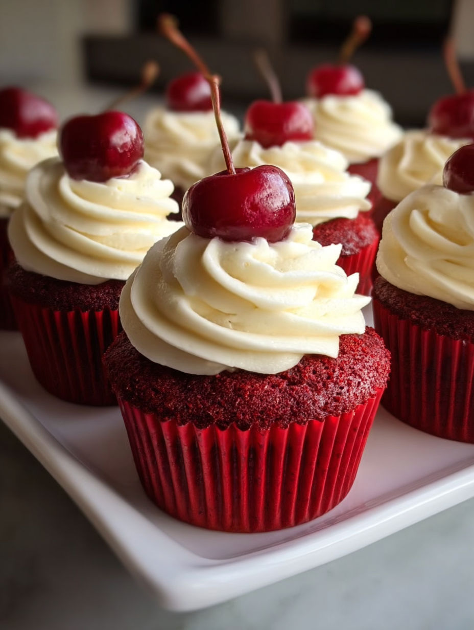 Red velvet cupcakes with white frosting.