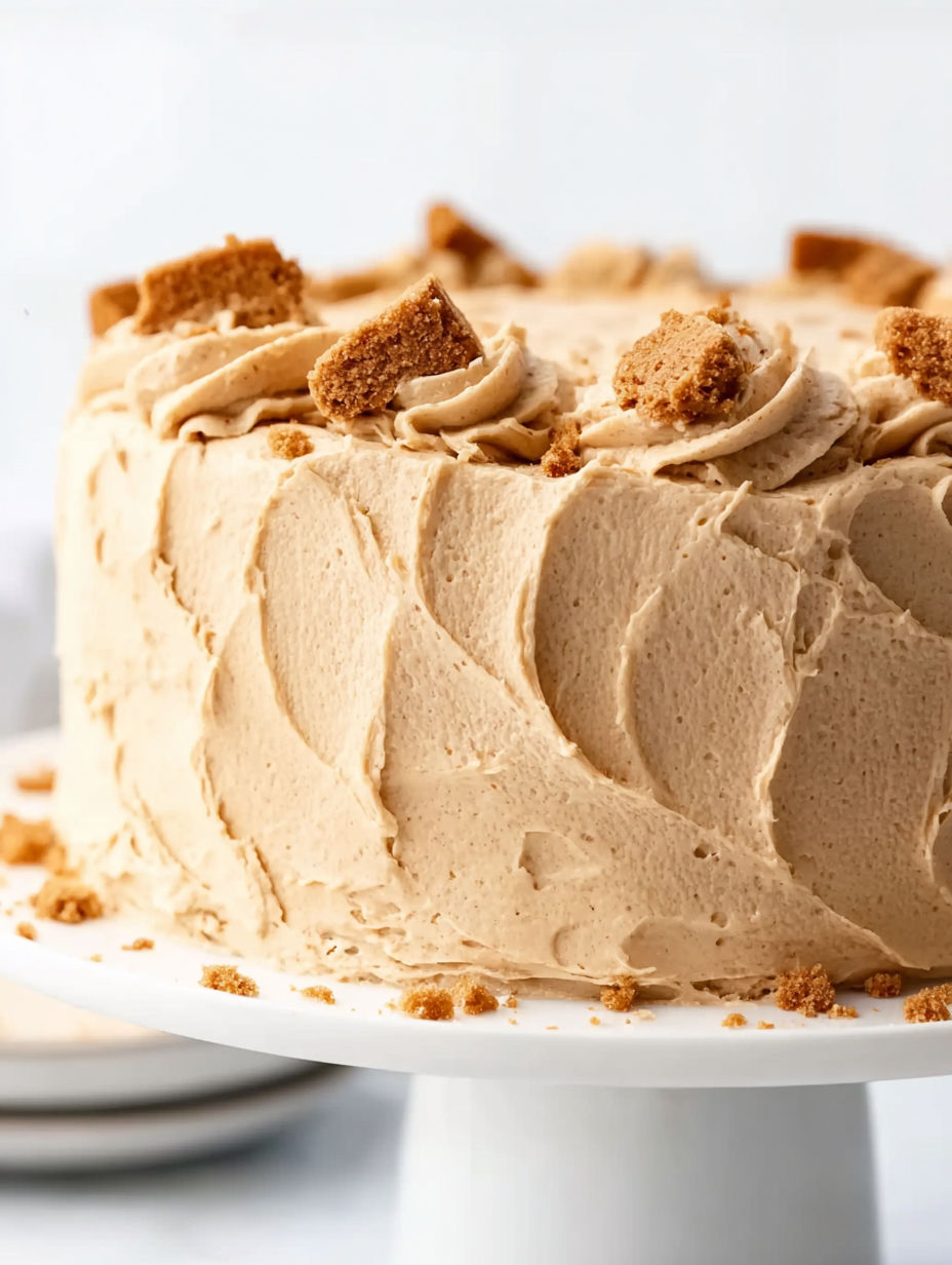 A slice of Biscoff cake on a plate.
