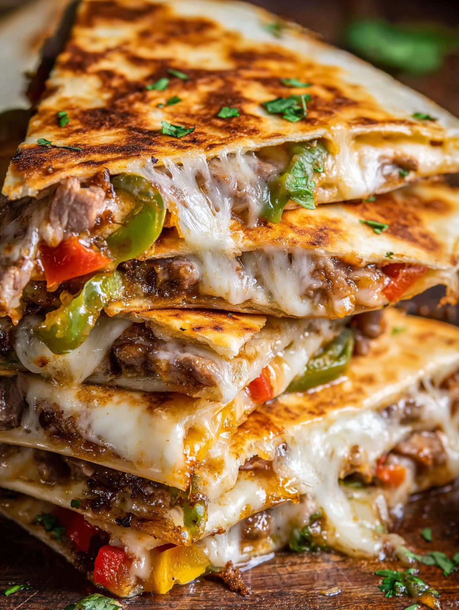 A stack of quesadillas with peppers and cheese.