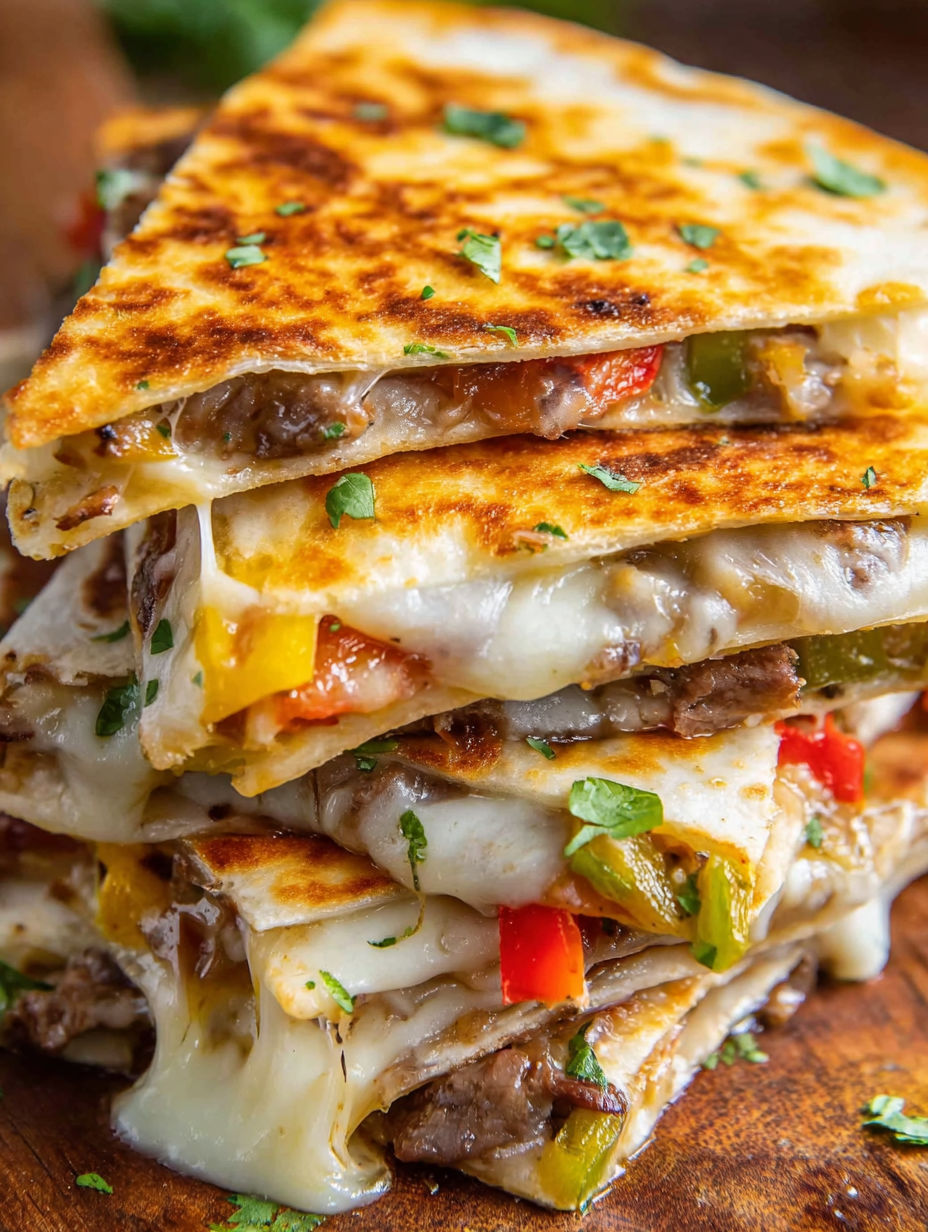 A stack of quesadillas with various toppings.