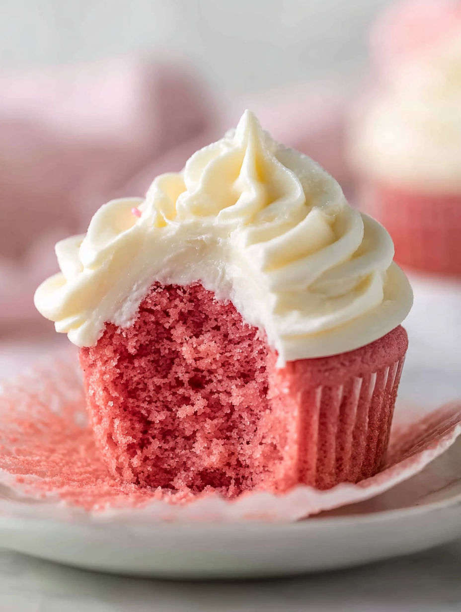 A pink velvet cupcake with white frosting.