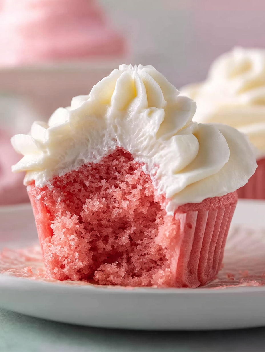 A slice of pink velvet cupcake with white frosting.