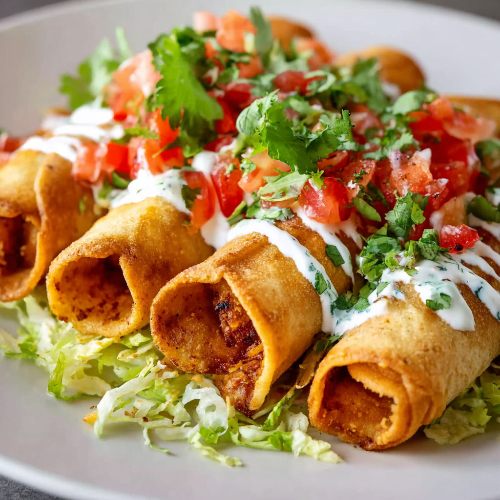 A plate of chicken taquitos with sour cream and tomatoes.