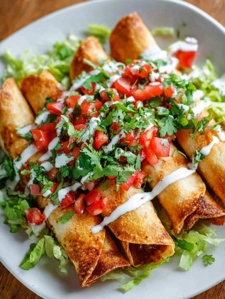 A plate of chicken taquitos with tomatoes and cheese.
