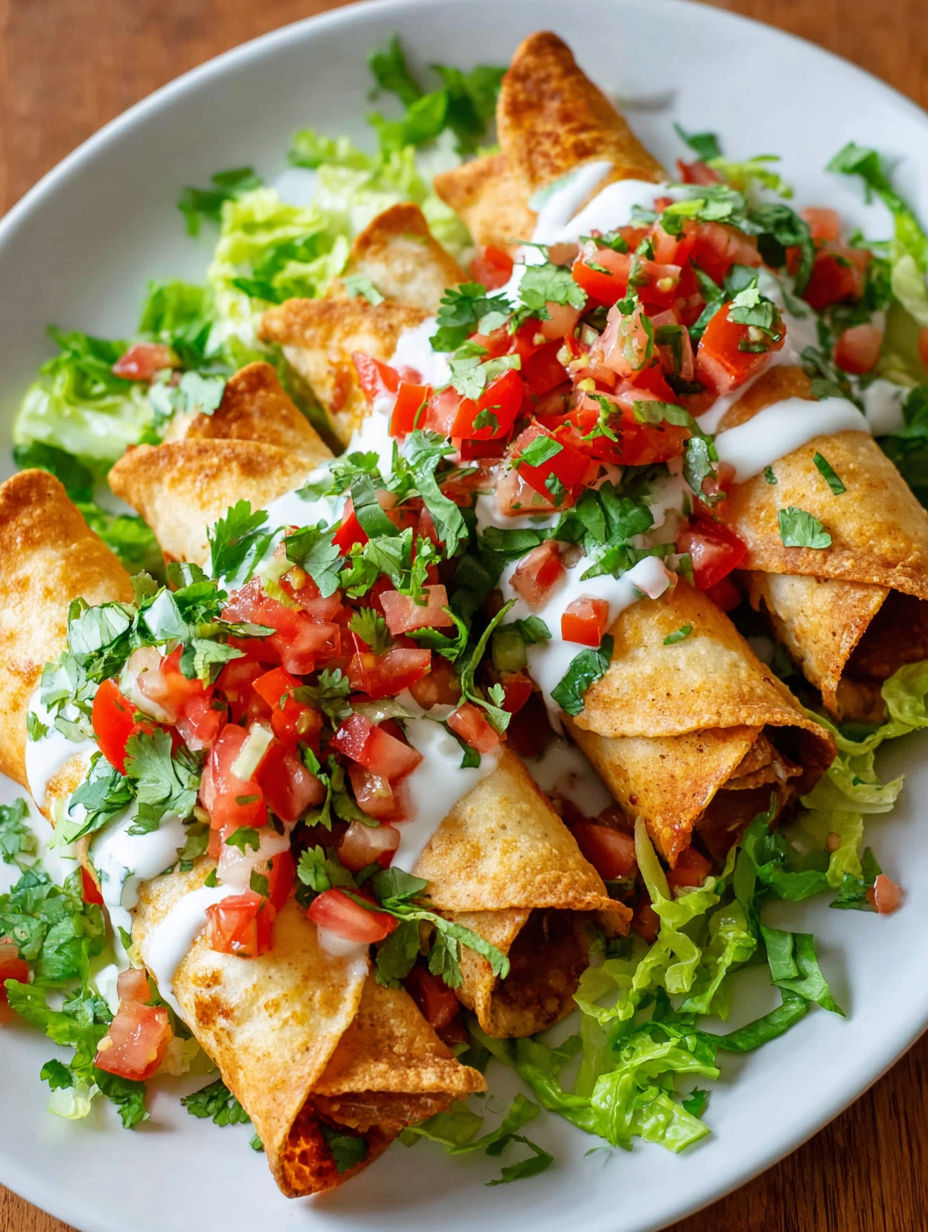 A plate of chicken taquitos with lettuce and tomatoes.