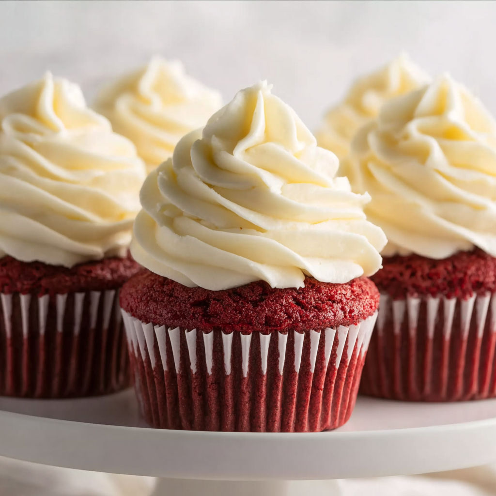 Three red velvet cupcakes with white frosting.