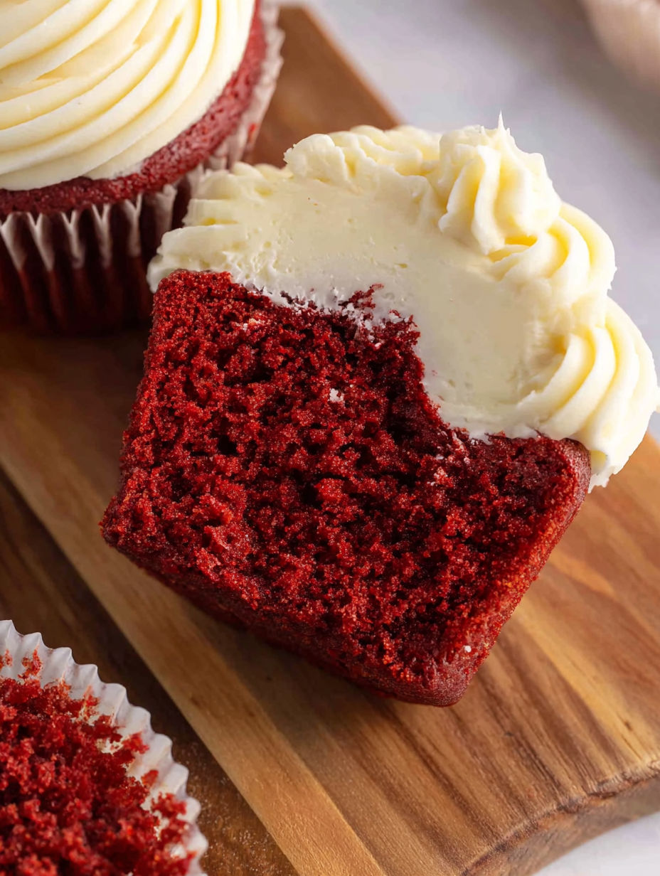 A red velvet cupcake with white frosting.