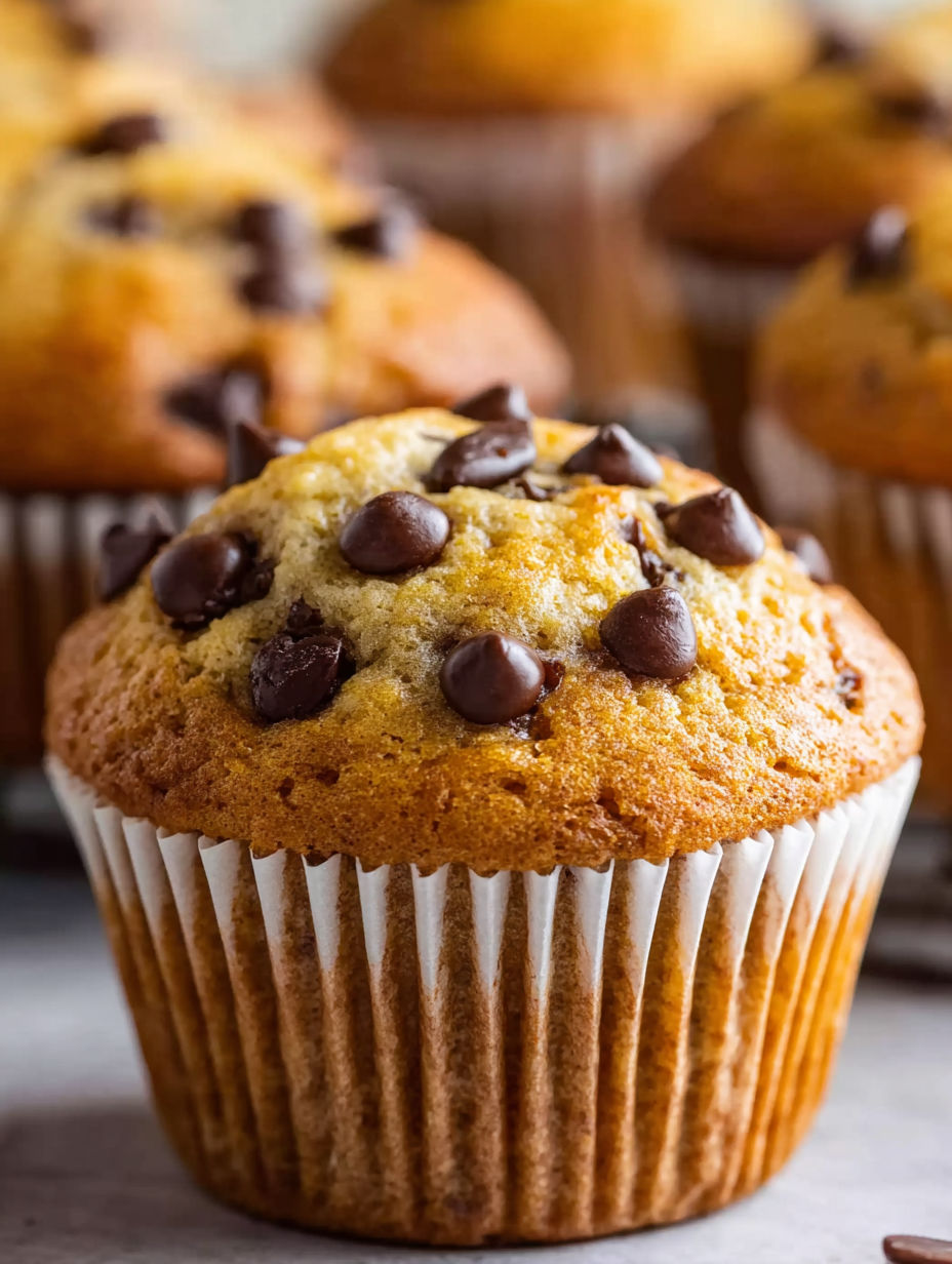 A muffin with chocolate chips on top.