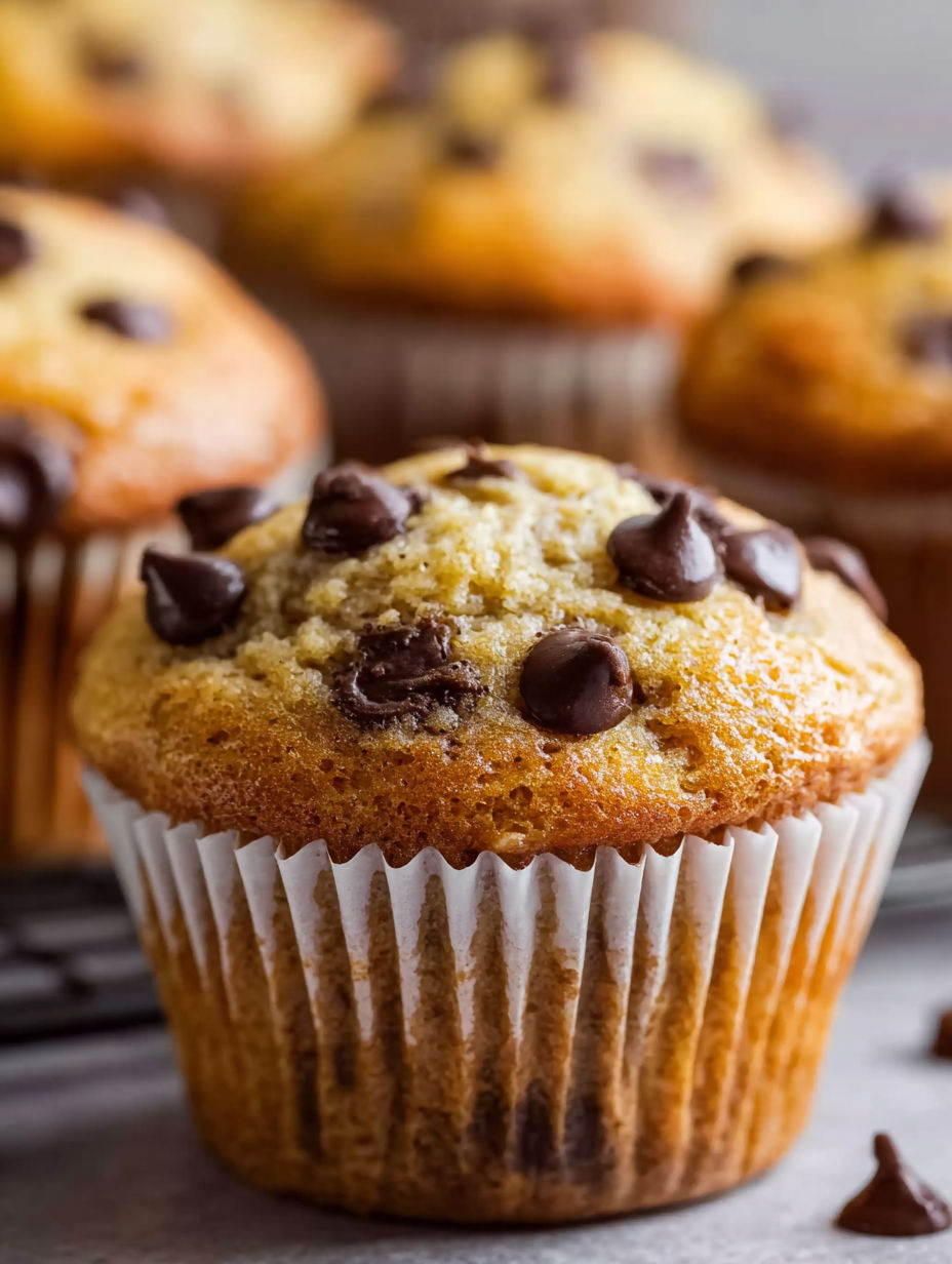 A cupcake with chocolate chips on top.