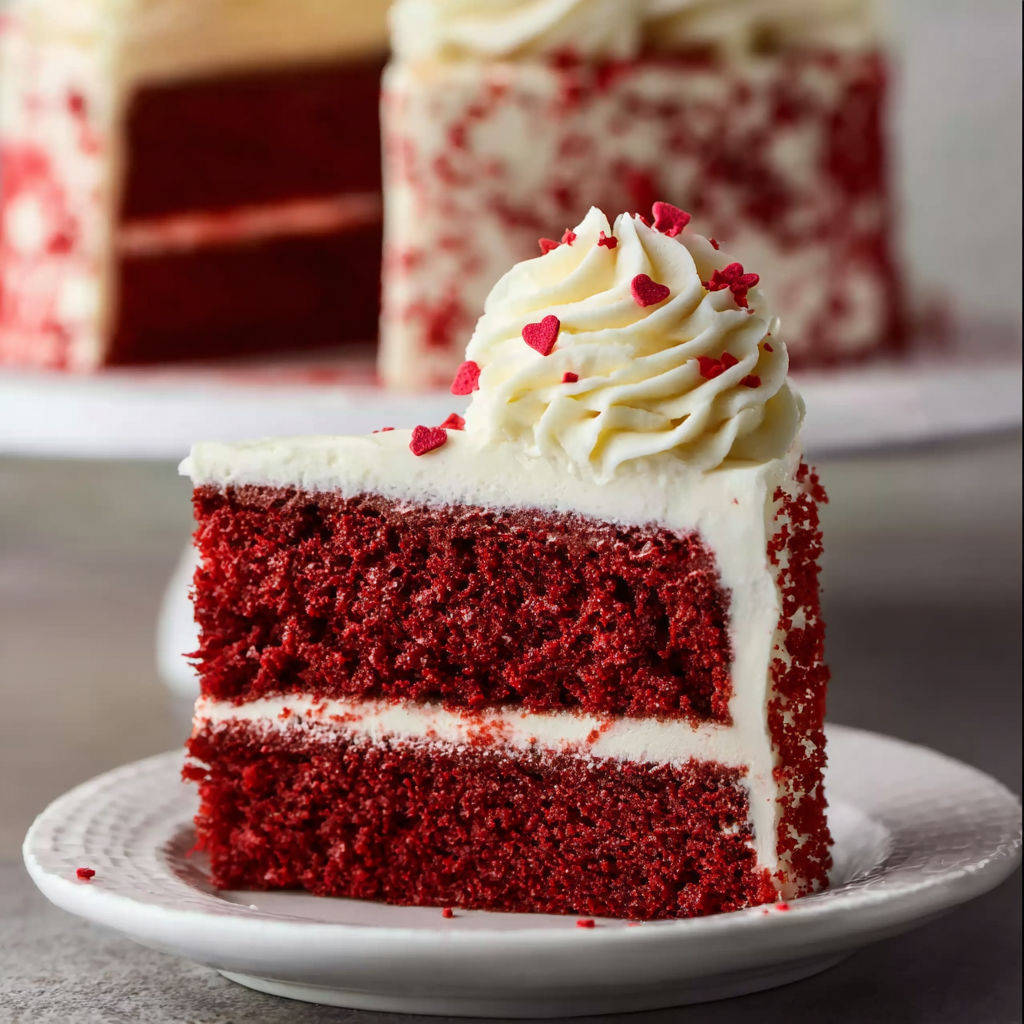 A slice of red velvet cake with white frosting.