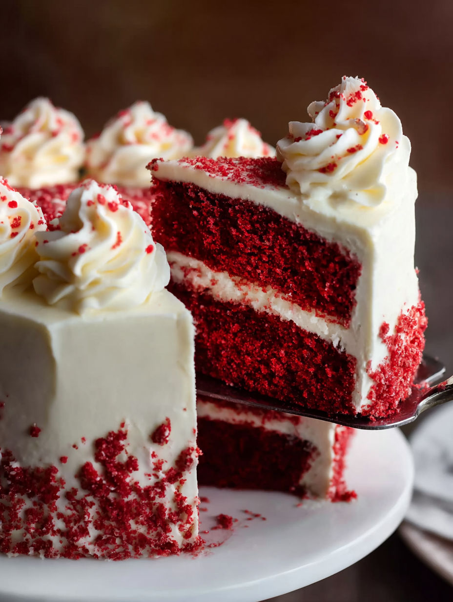 A slice of red velvet cake on a plate.