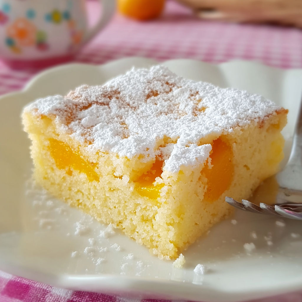 A slice of buttermilk cake with white powdered sugar on a plate.