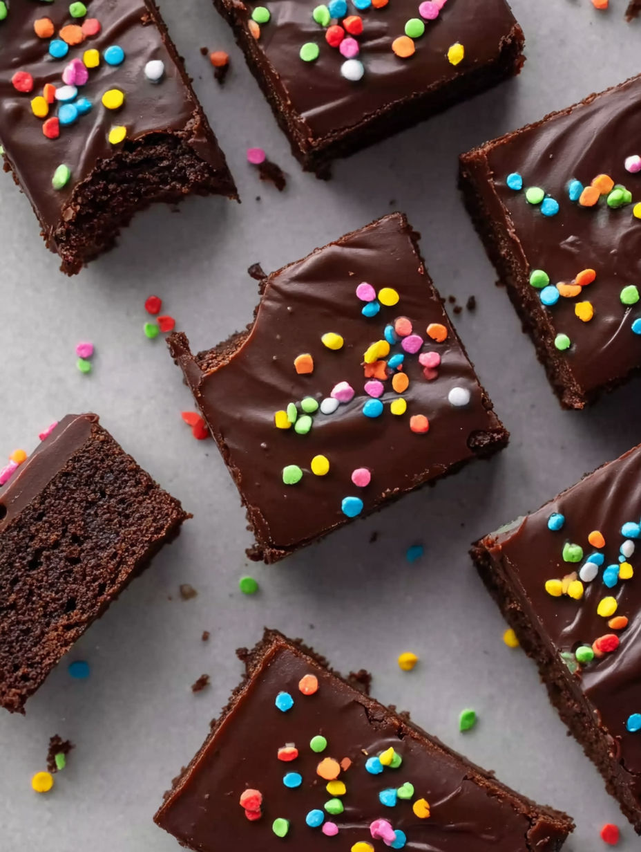 A close up of a chocolate brownie with sprinkles.