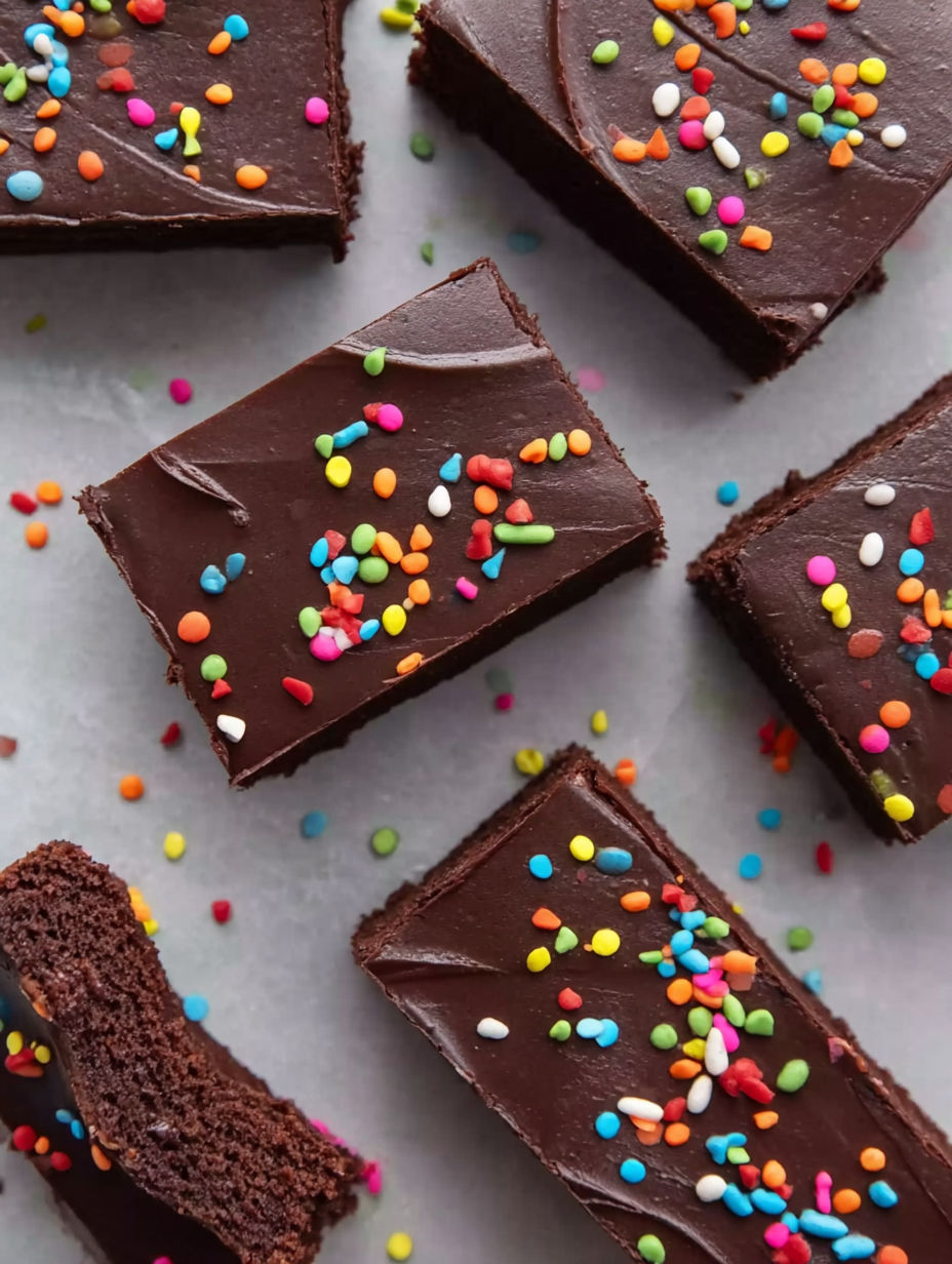 A close up of a chocolate brownie with sprinkles.