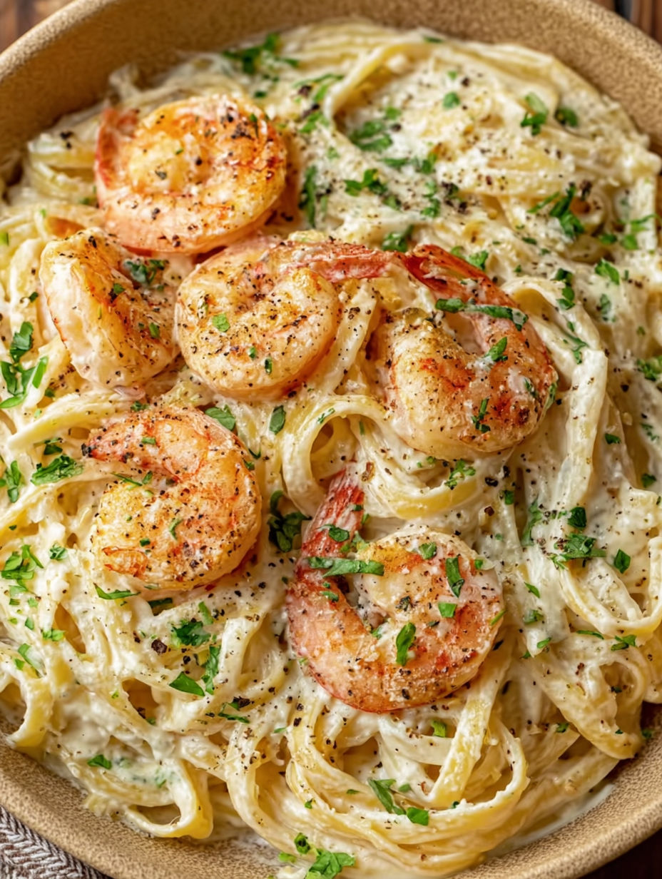 A bowl of spaghetti with shrimp and Alfredo sauce.