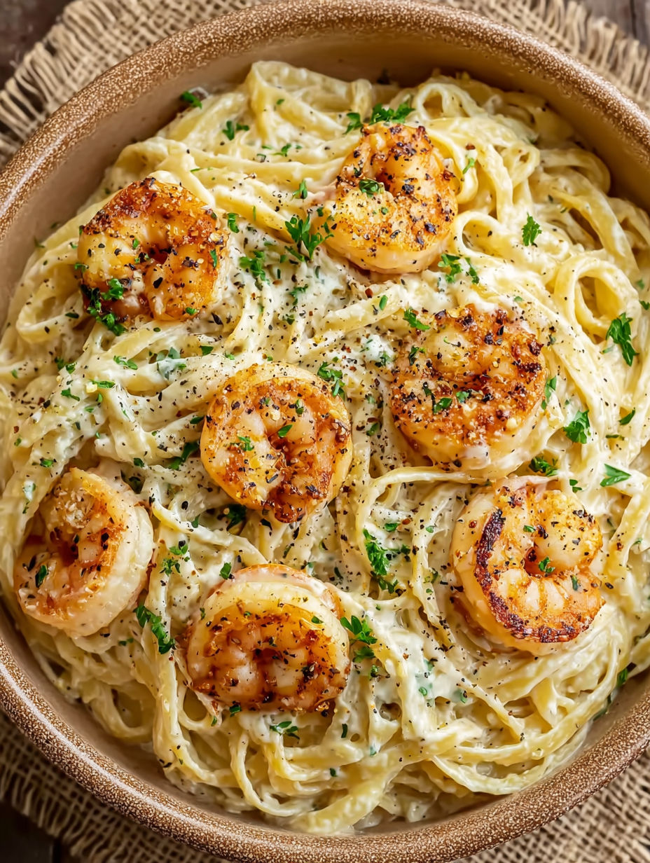 A bowl of spaghetti with shrimp and Alfredo sauce.