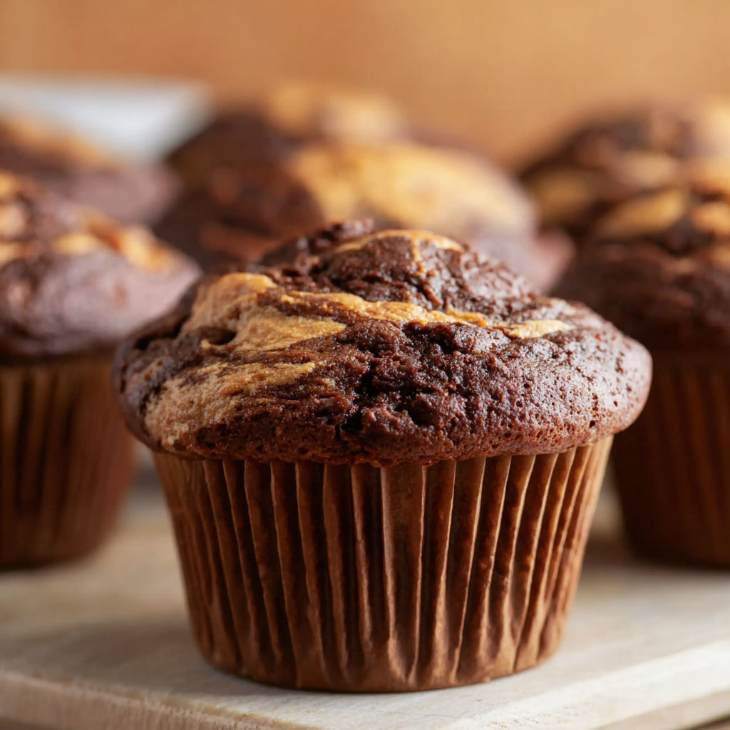 A close up of a chocolate muffin with a banana and nut topping.
