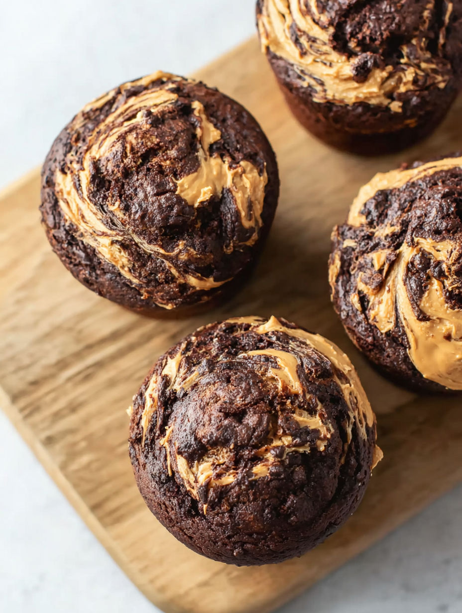 A brown muffin with a swirl of chocolate and peanut butter on top.