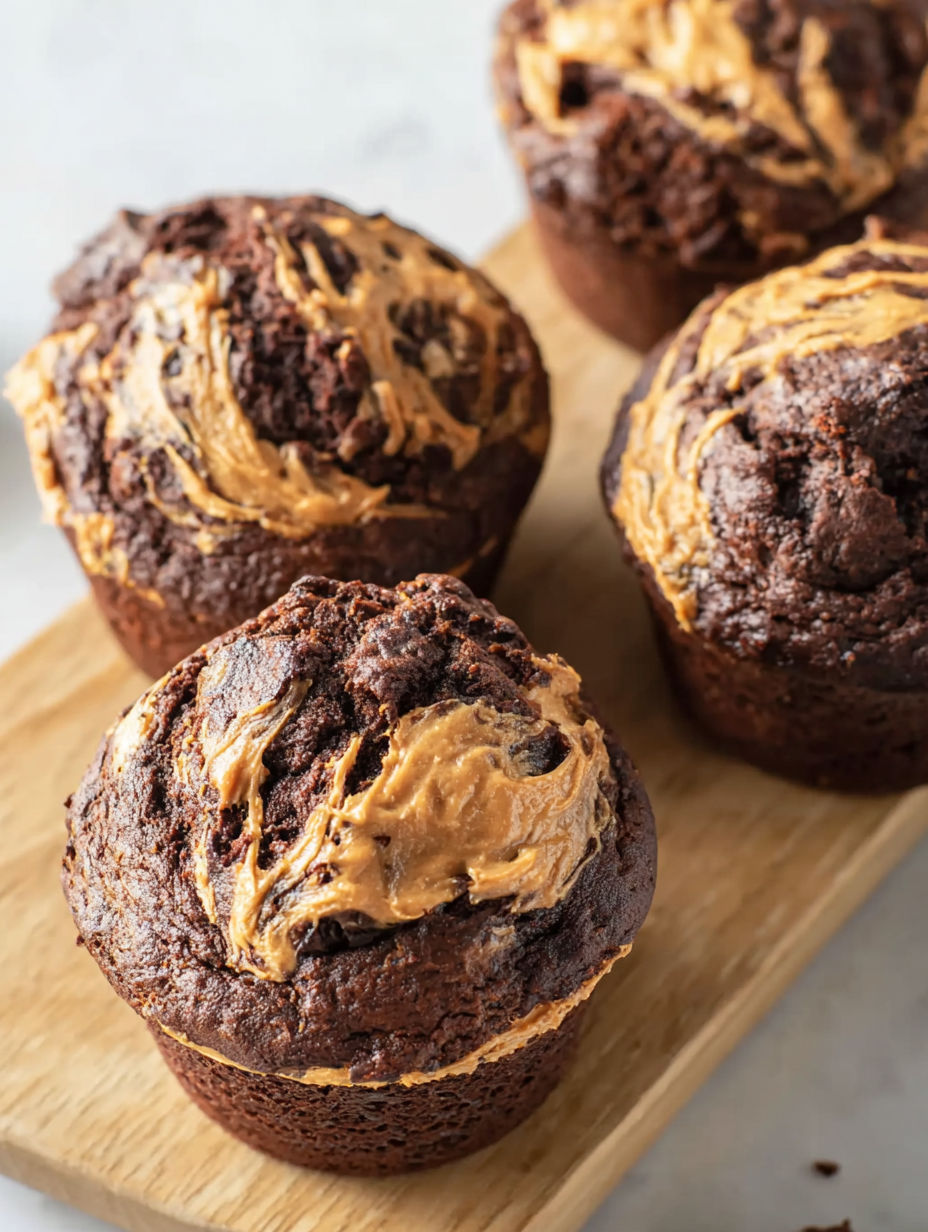 A brown muffin with peanut butter and chocolate.